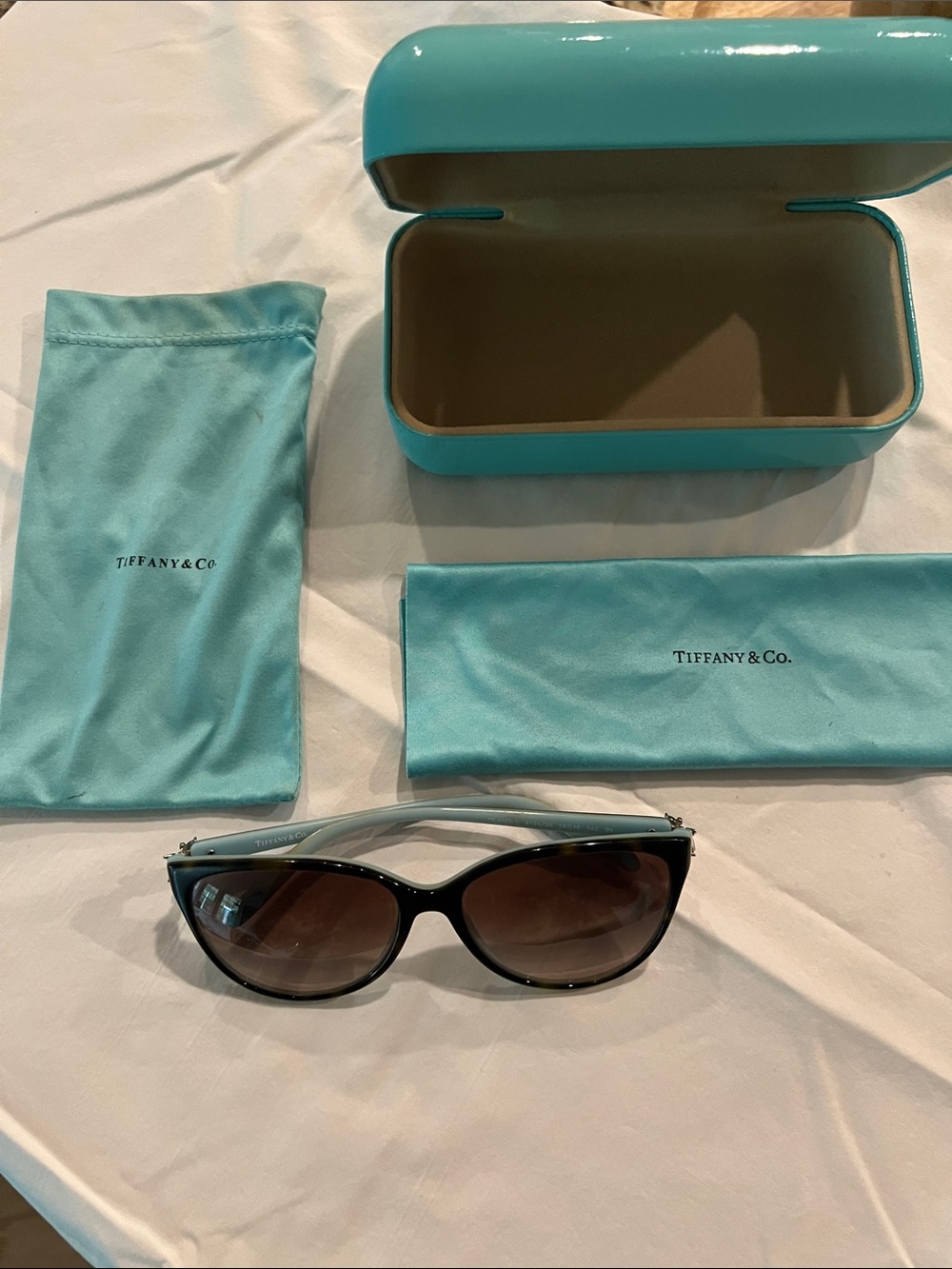 Tiffany & Co. Tortoise Shell Frame Sunglasses with Tiffany Blue Case and Pouches